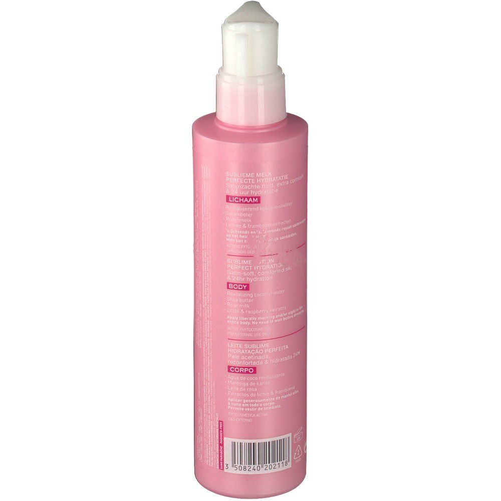 Flacon rose avec pompe blanche. Texte au dos. Disposition verticale.