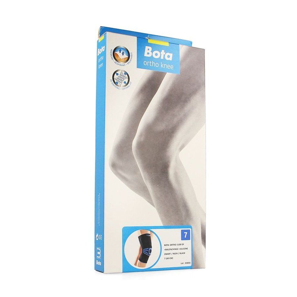 Emballage d'orthèse de genou Bota Ortho Knee, taille 7. Image d'un genou. Couleurs bleu et blanc.