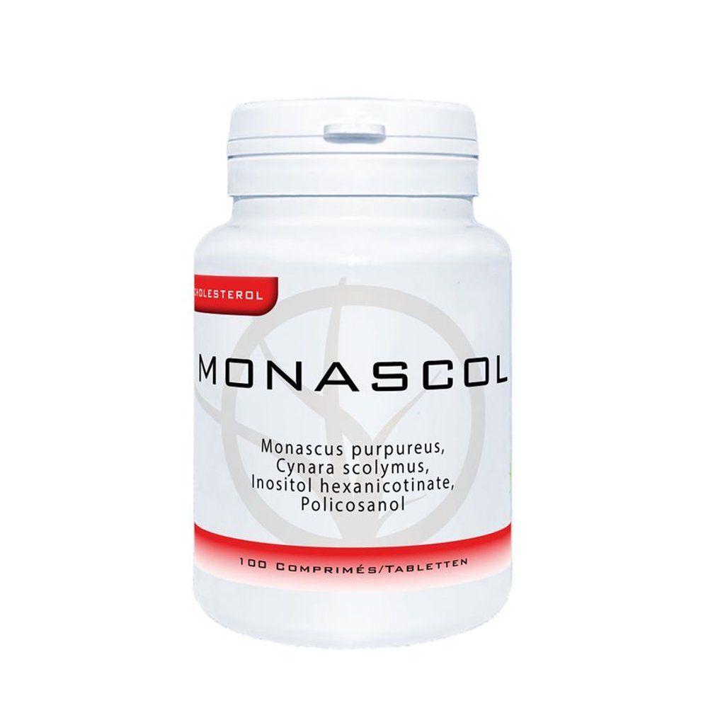 Bouteille Monascol avec étiquette rouge indiquant 'Cholestérol' et le nombre de comprimés (100).