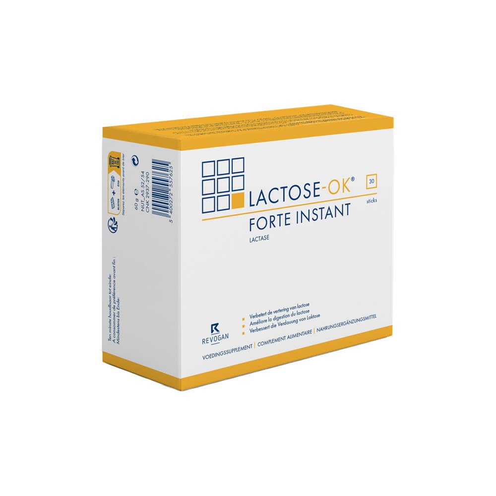 Femme buvant Lactose-OK. Texte: Contient de la lactase, en cas d'intolérance, avant le repas.