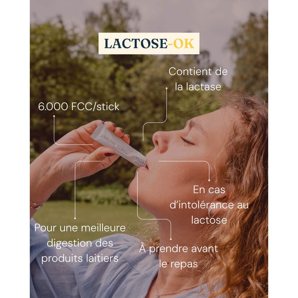 Boîte et stick Lactose-OK. Texte: Améliore la digestion, contient lactase, dosage dépendant.