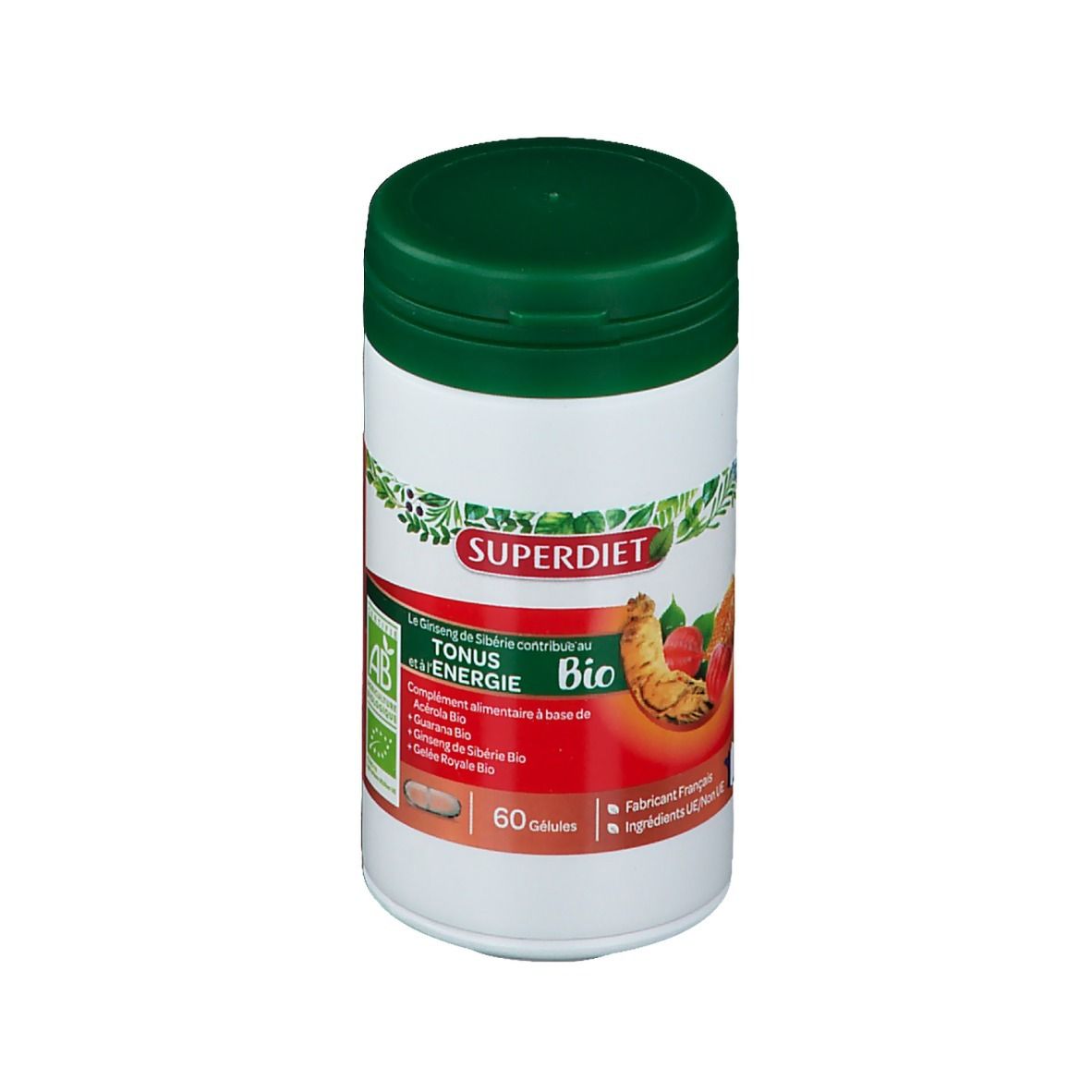Flacon blanc et vert. Inscription SUPERDIET, TONUS & ENERGIE BIO. 60 gélules. Certification AB.