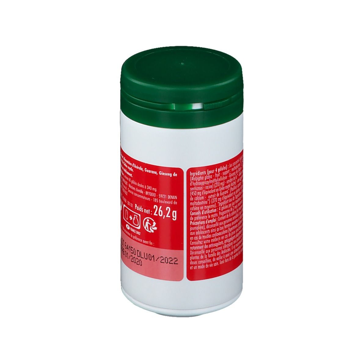 Flacon blanc et vert. Dos avec informations sur les ingrédients et la valeur nutritionnelle. Poids net 26,2 g. Numéro de lot et date de péremption.