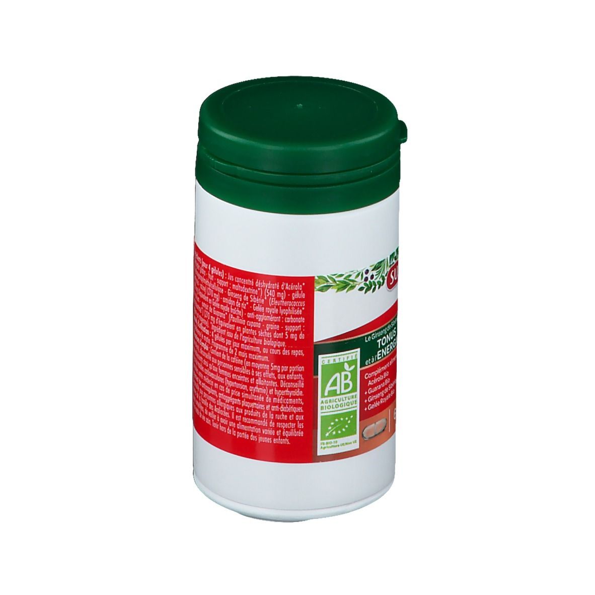 Flacon blanc et vert. Dos avec informations sur les ingrédients et certification AB. Informations textuelles.