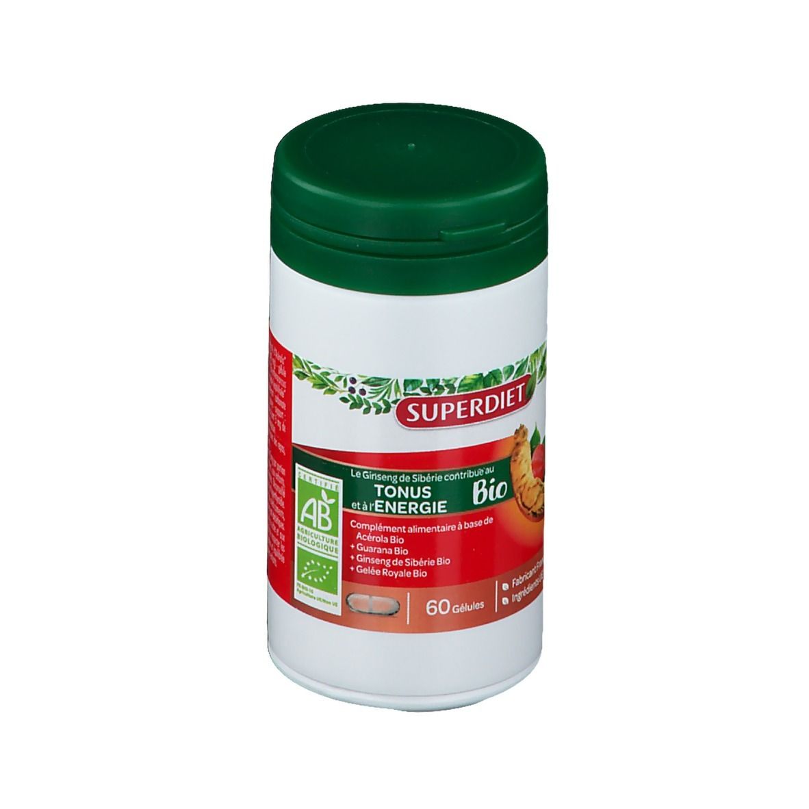 Flacon blanc et vert. Inscription SUPERDIET, TONUS & ENERGIE BIO. Certification AB. 60 gélules.