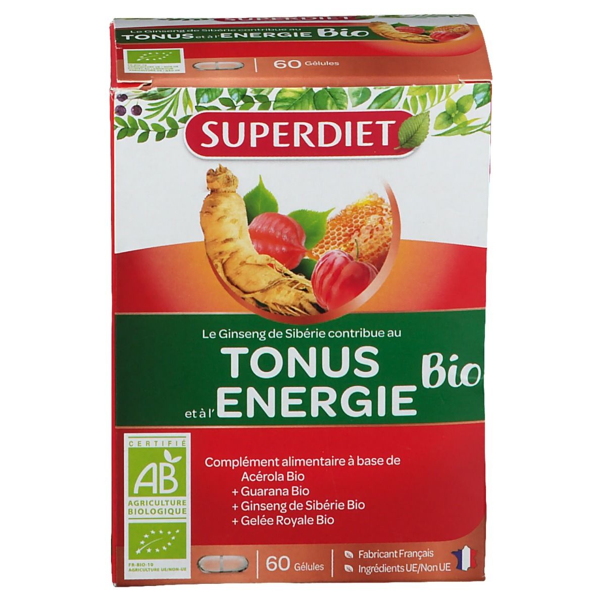 Emballage du produit avec boîte. Inscription SUPERDIET, TONUS & ENERGIE BIO. 60 gélules. Certification AB.