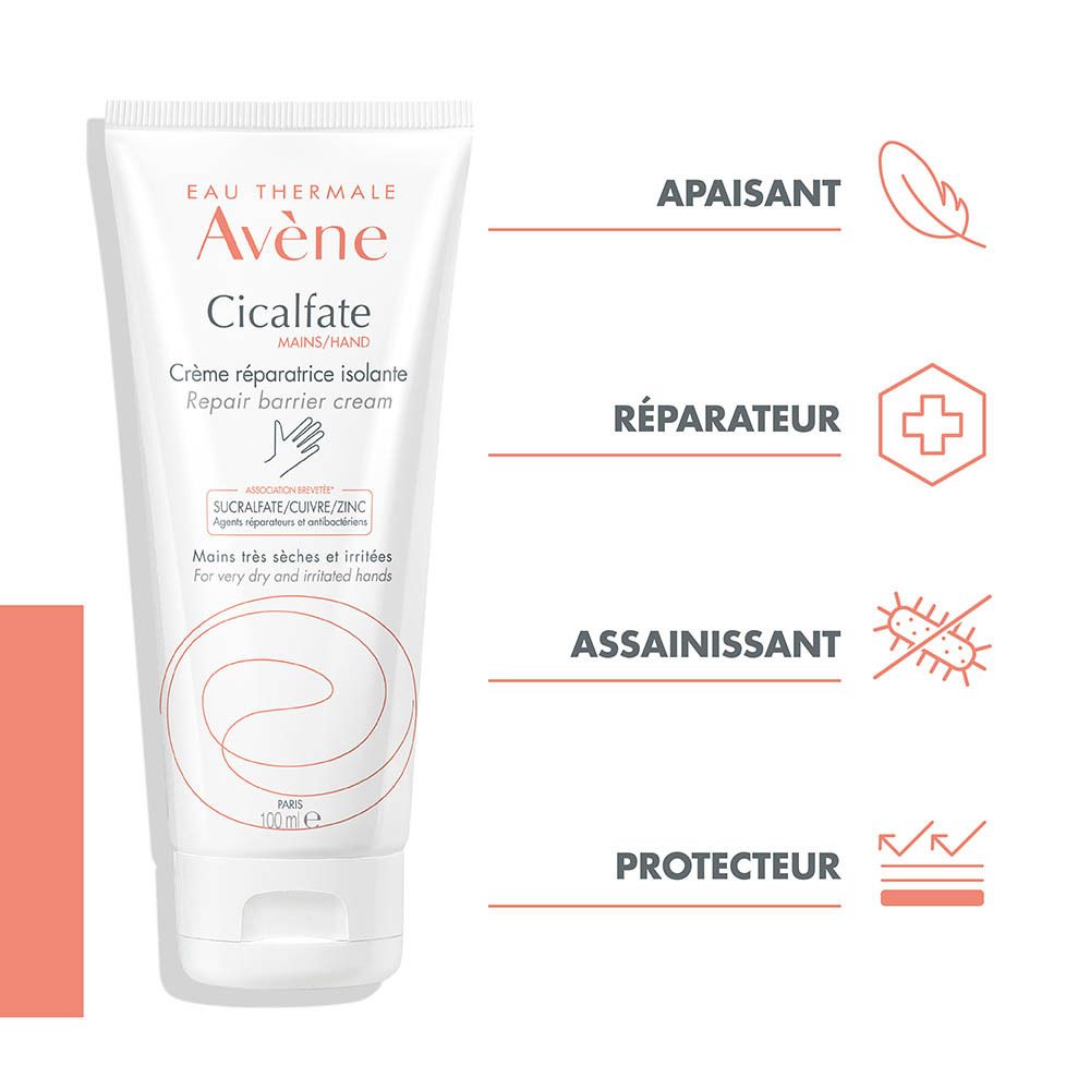Quatre produits Avène : Huile nettoyante, eau thermale, crème pour les mains et crème protectrice.