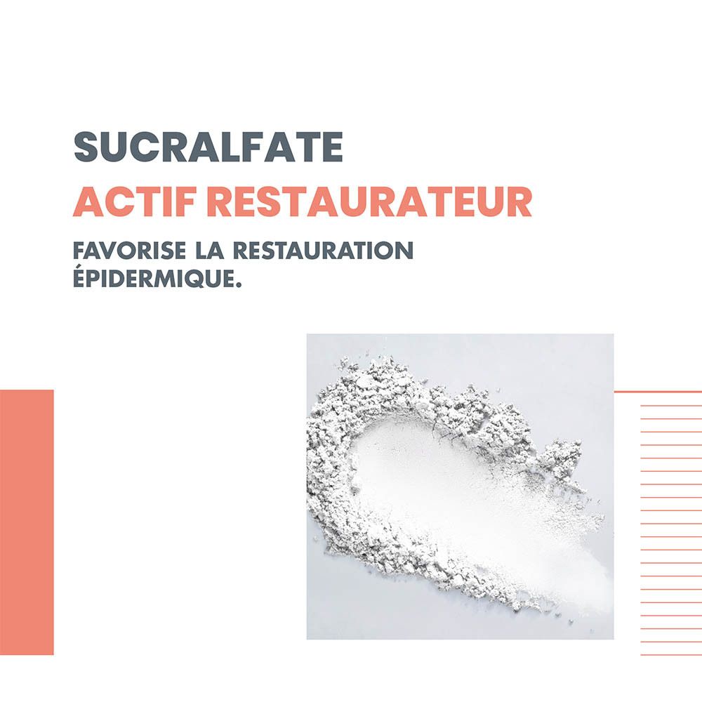 Poudre blanche, sucralfate, favorise la restauration épidermique.
