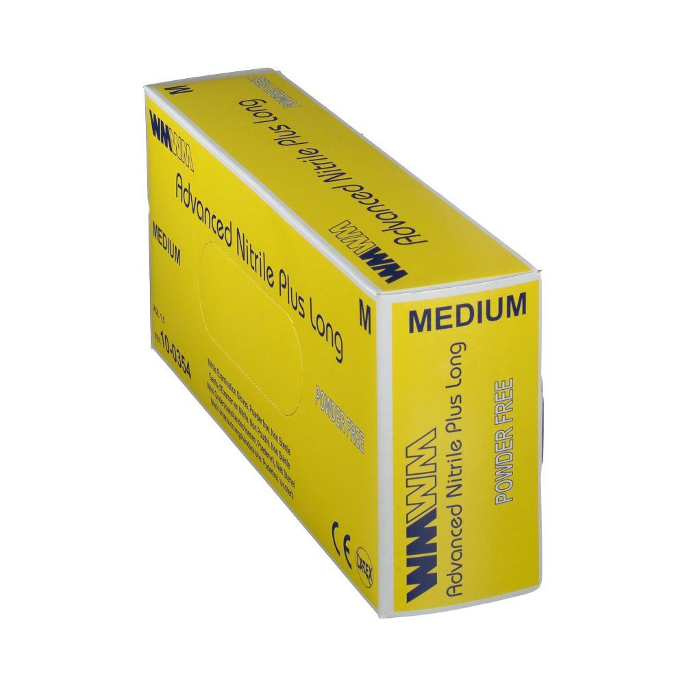 Boîte jaune "Advanced Nitrile Plus Long" et "Power Free". Taille "Medium". Marque: WMWM.