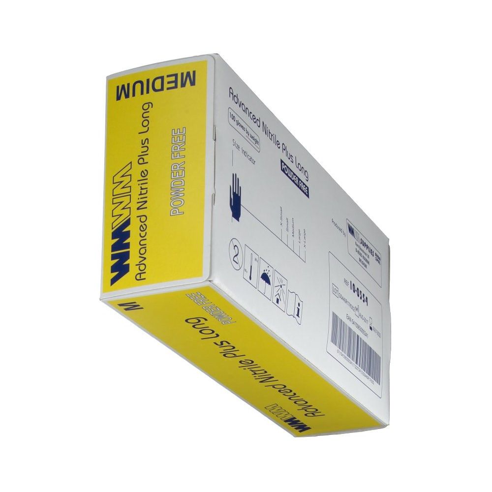 Boîte jaune "Advanced Nitrile Plus Long" et "Power Free". Taille "Medium". Marque: WMWM. Vue en angle.