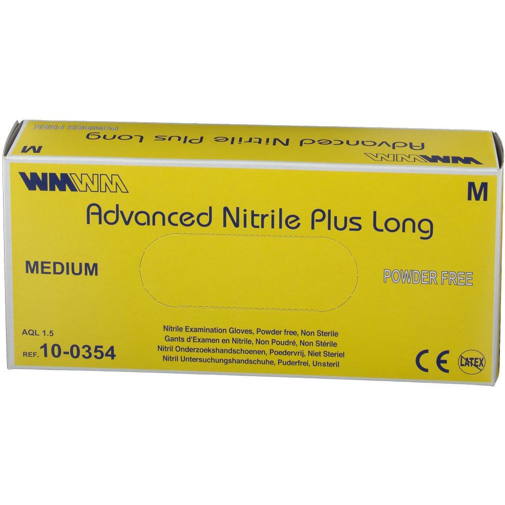 Boîte jaune "Advanced Nitrile Plus Long" et "Power Free". Taille "Medium". Marque: WMWM. Référence: 10-0354.