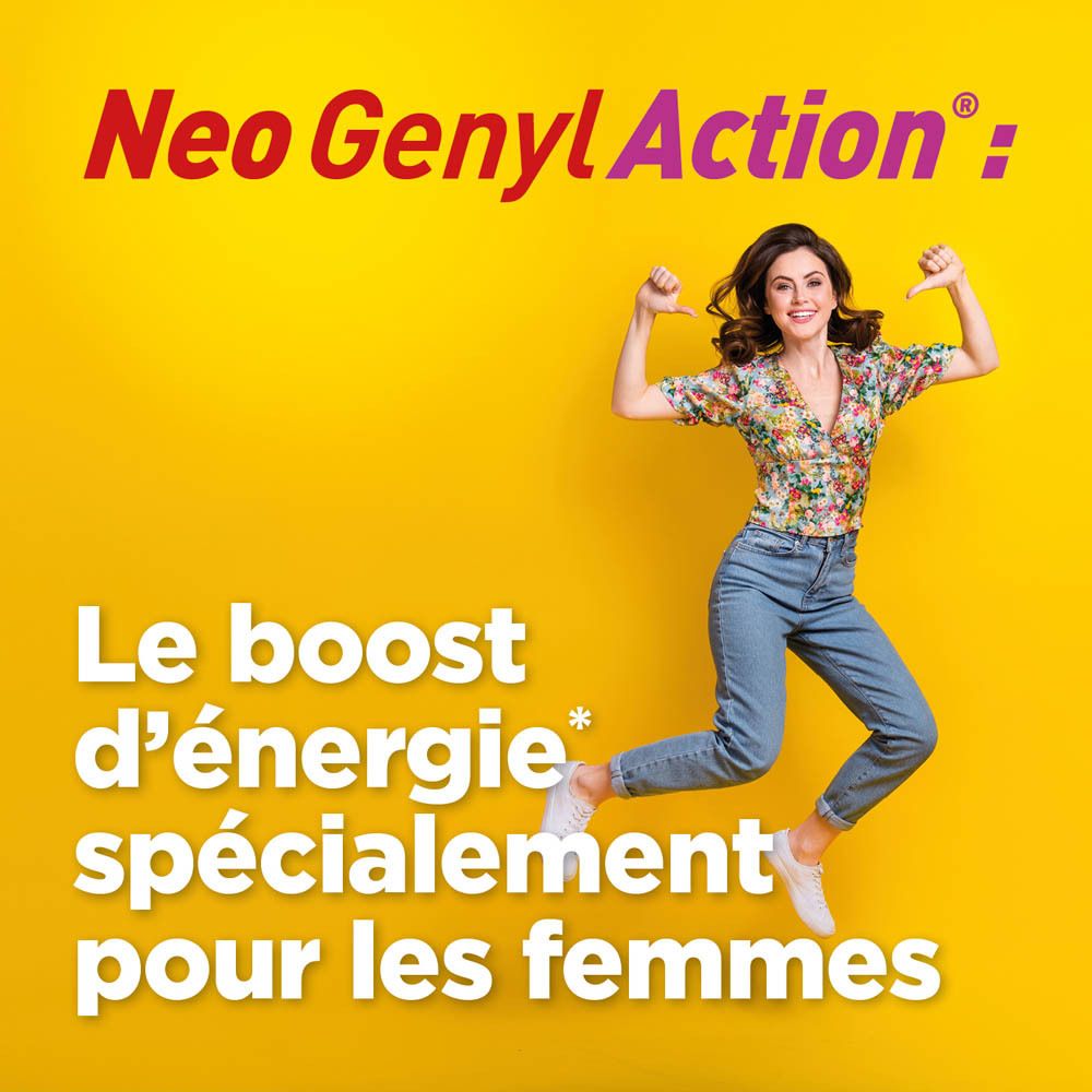 Page de texte Neo Genyl Action. Informations sur la dose quotidienne de fer et d'acide folique.