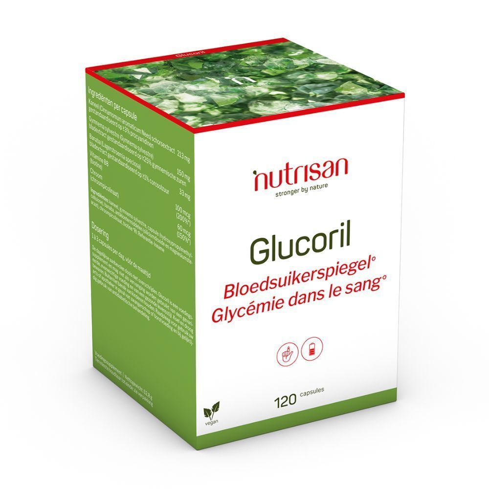 Boîte Nutrisan Glucoril, 120 capsules. Inscription: Glycémie dans le sang. Design vert et blanc. Dessus feuilles.