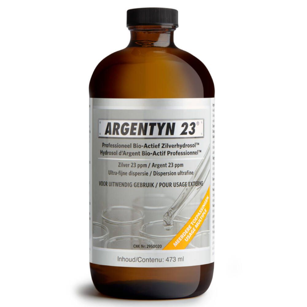 Flacon en verre brun avec bouchon noir. L'étiquette indique 'Argentyn 23'.