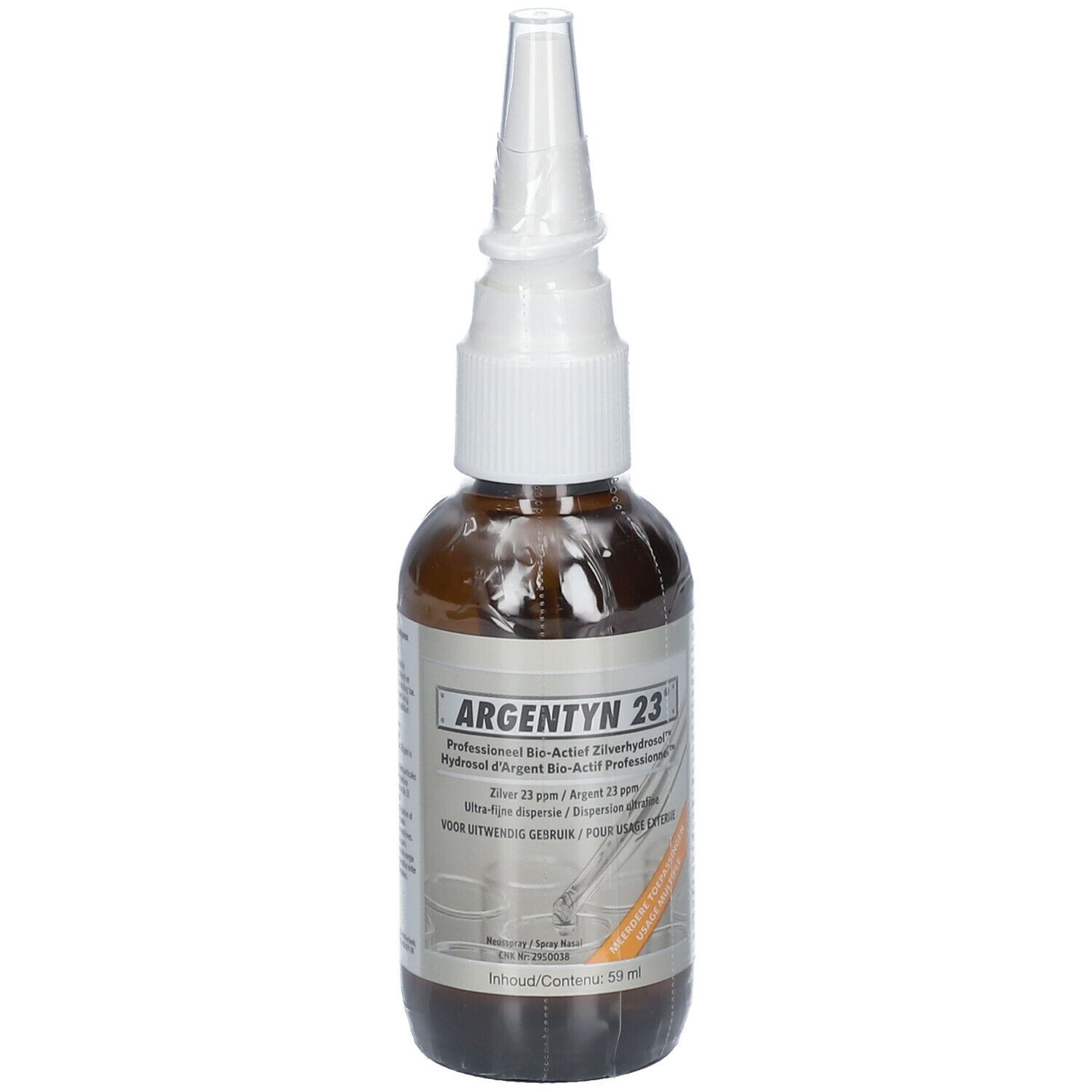 Flacon en verre brun avec pulvérisateur blanc. Inscription : Argentyn 23. Contient 59 ml.