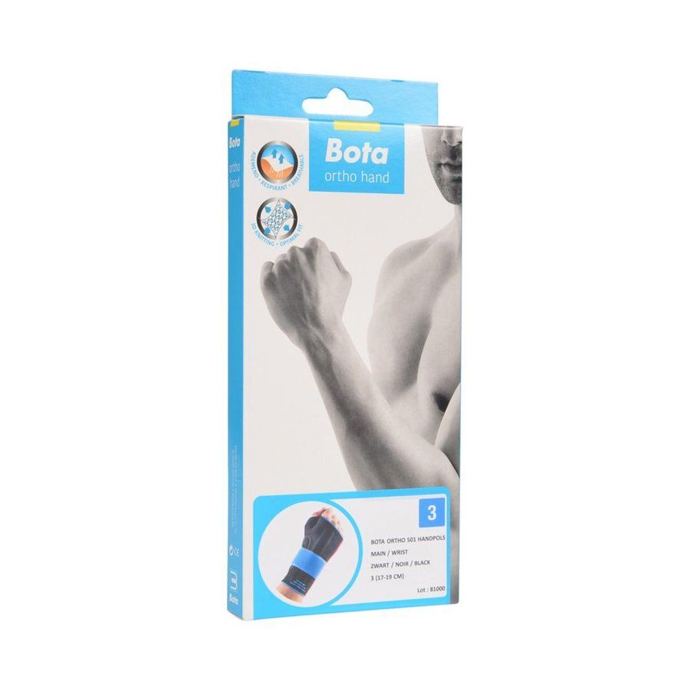 Emballage de la Bota Ortho Hand Strap. Boîte bleue et blanche avec image du produit et logo. Attelle de poignet illustrée.