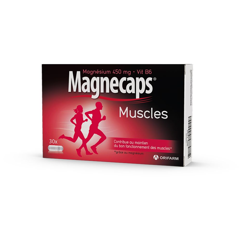 Boîte noire Magnecaps Muscles. Inscription : Magnésium 450 mg + Vit B6. Contient 30 gélules. Illustration de coureurs.