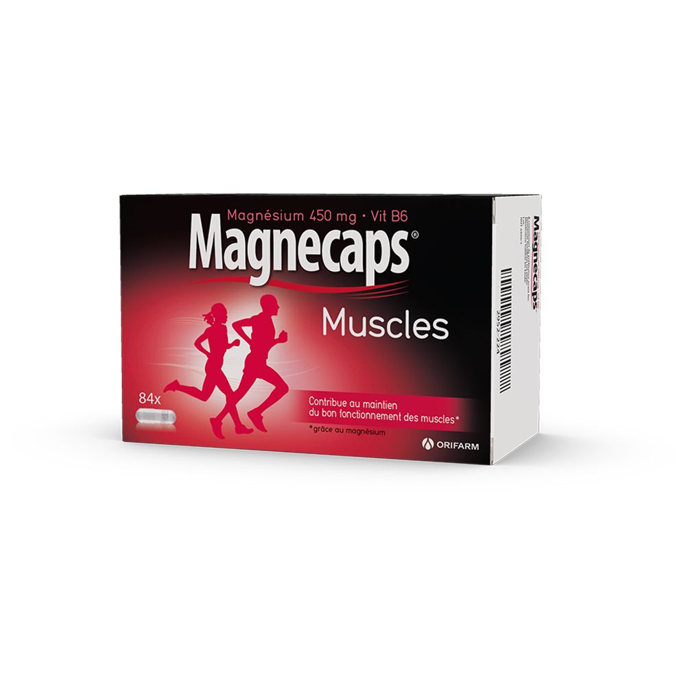 Emballage Magnecaps Spieren. Contient 84 gélules. Inscription : Magnésium 450 mg + Vit B6. Deux personnes en train de courir.