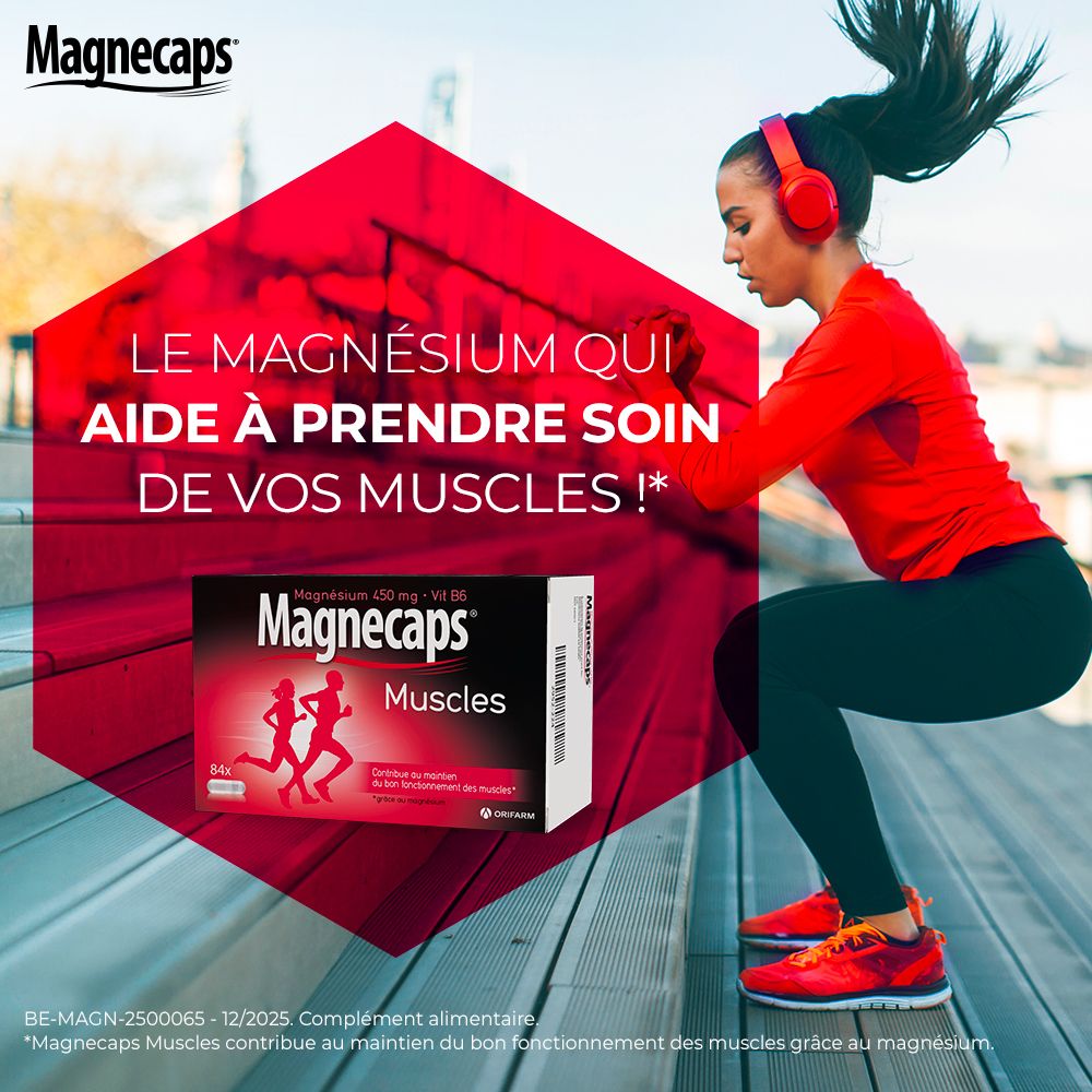 Emballage Magnecaps Muscles. Contient 84 gélules. Inscription : Magnésium 450 mg + Vit B6. Deux personnes en train de courir.
