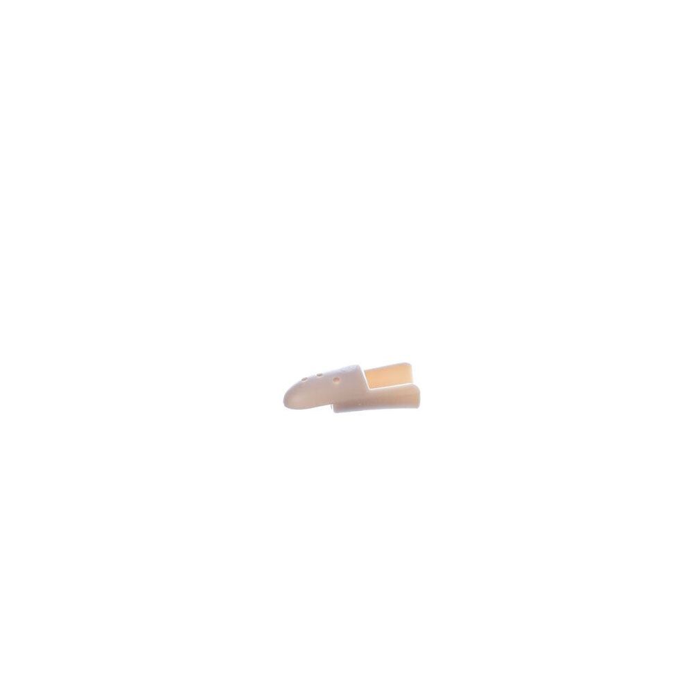 Doigtier beige en plastique, vue de côté.