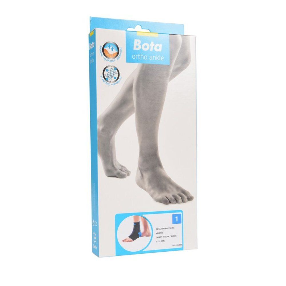 Boîte pour attelle de cheville Bota Ortho. Face avant avec illustration du produit et d'une jambe. Couleurs bleu et blanc.
