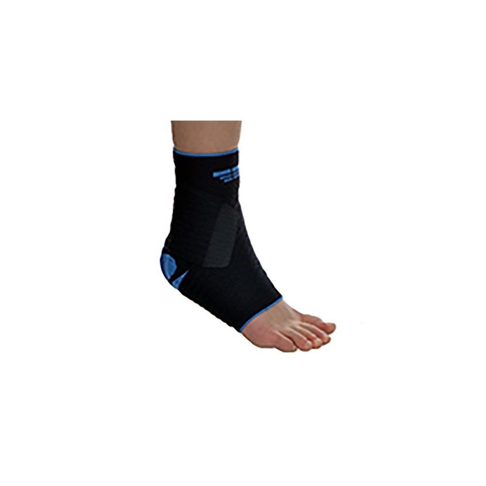 Attelle de cheville noire avec détails bleus. Fermeture velcro. Vue latérale du produit.