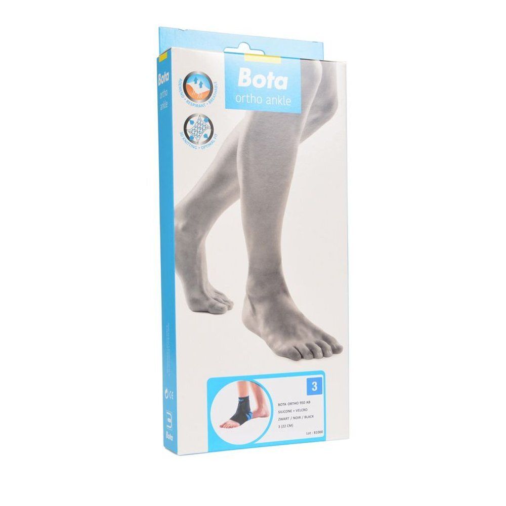 Boîte Bota Ortho Ankle, taille 3. Illustration d'un pied. Description du produit : attelle de cheville, silicone, velcro, noir.