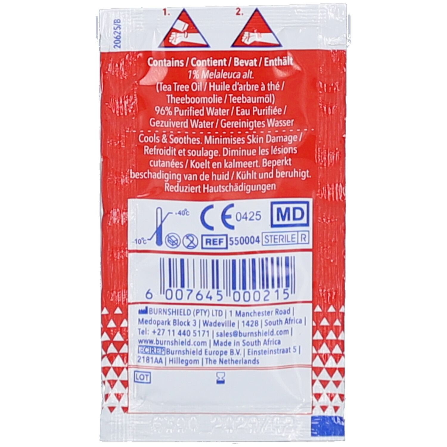 Dos du sachet rouge. Texte: Contient 1% Melaleuca alt. (huile d'arbre à thé) et eau purifiée. Marquage CE et numéro REF.