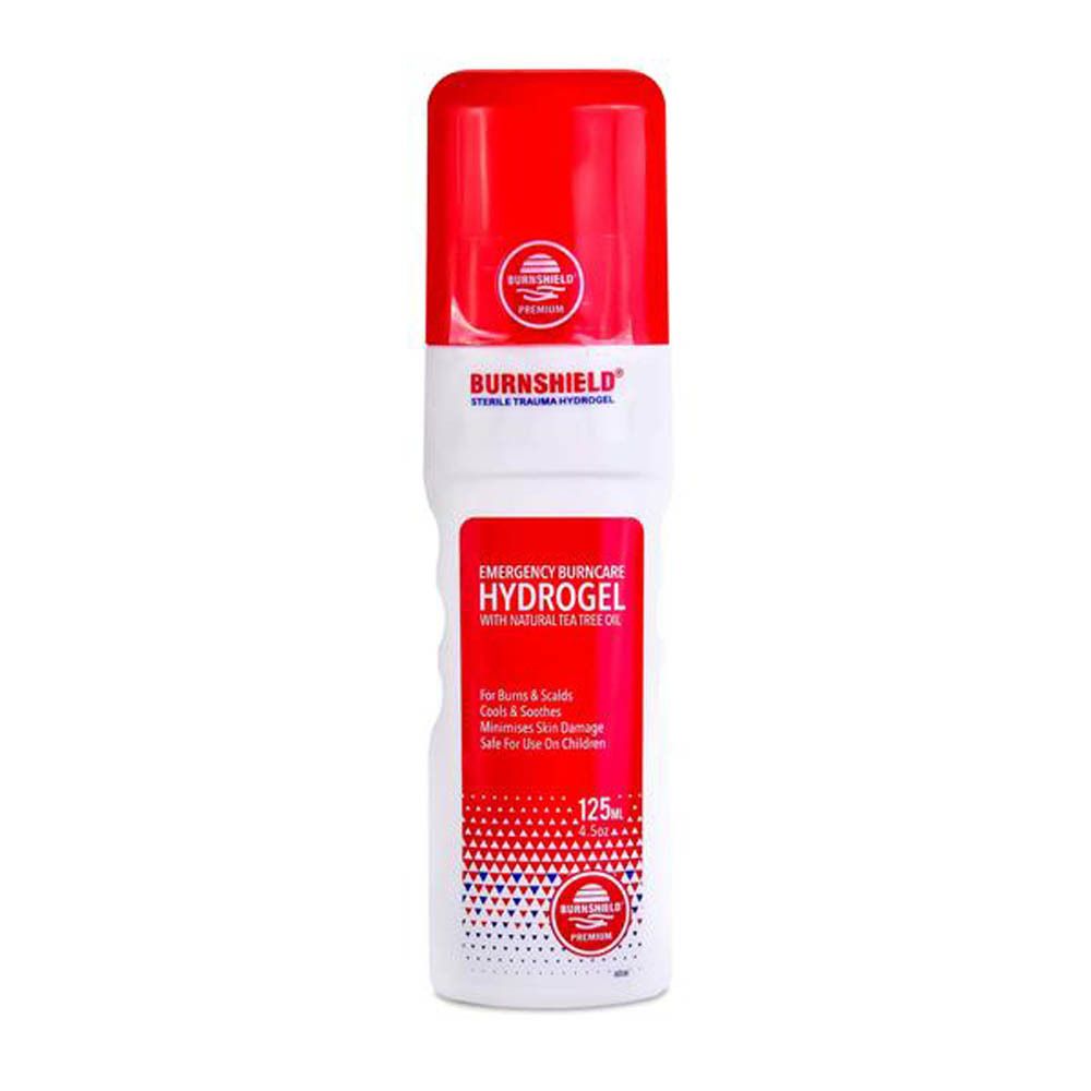 Flacon Burnshield Hydrogel avec bouchon rouge. Soins d'urgence pour brûlures.