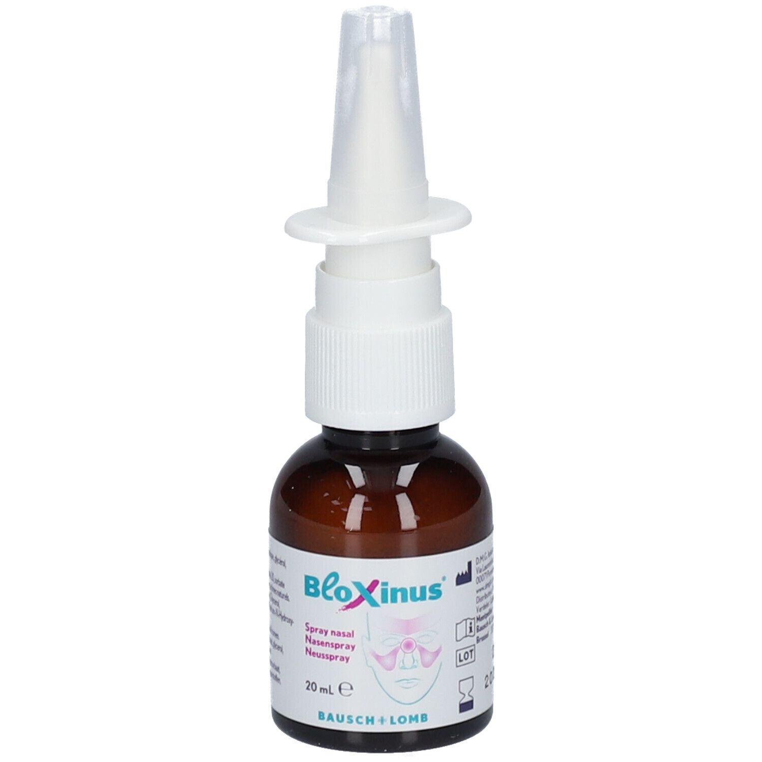 Flacon en verre brun avec pulvérisateur blanc. Inscription : BloXinus, spray nasal, 20 ml, Bausch + Lomb.
