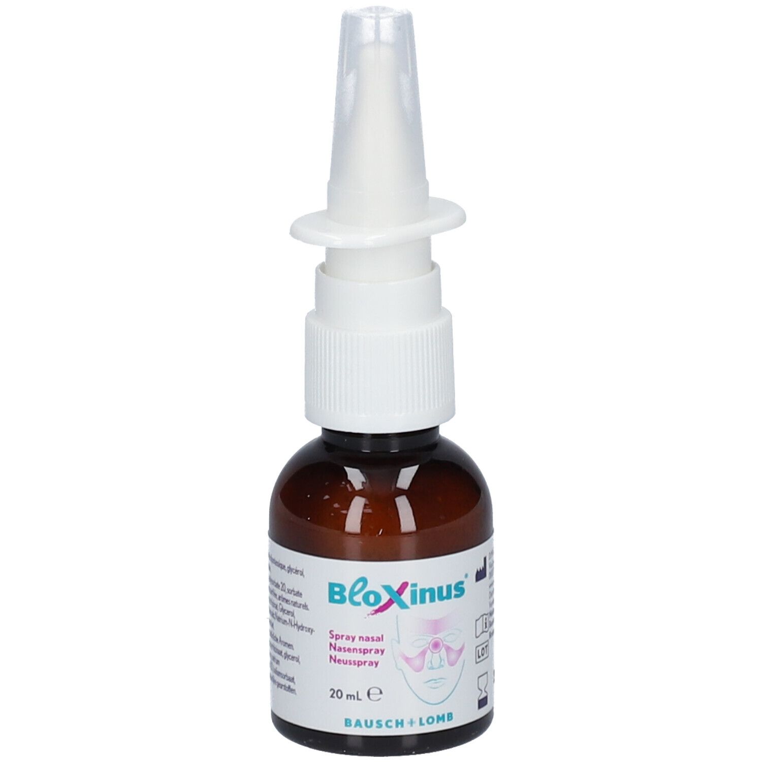 Flacon en verre brun avec pulvérisateur blanc. Inscription : BloXinus, spray nasal, 20 ml, Bausch + Lomb.