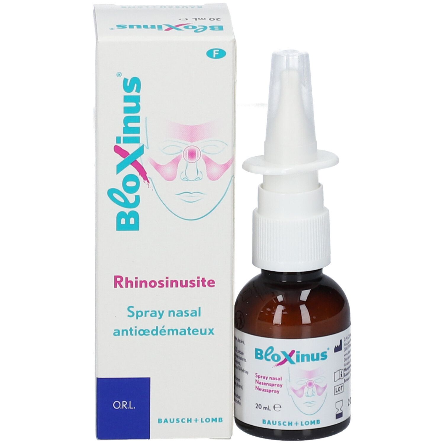 Emballage et flacon. Emballage : blanc, bleu, rose. Inscription : BloXinus, Rhinossinusite, spray nasal.