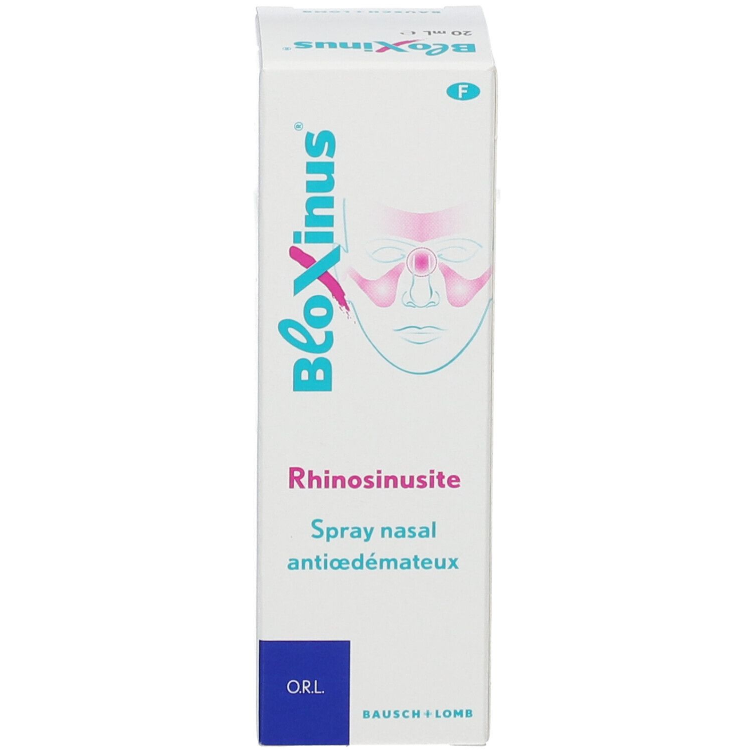 Emballage du produit. Blanc, bleu, rose. Inscription : BloXinus, Rhinossinusite, spray nasal, anti-œdémateux.