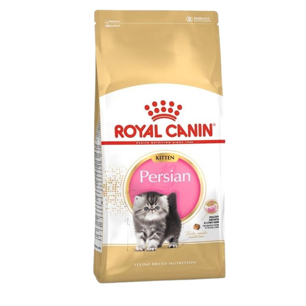 Sac de nourriture sèche Royal Canin Feline Breed Nutrition Persian Kitten avec une image de chaton.