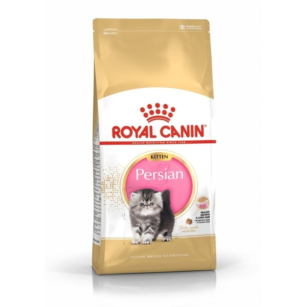 Emballage doré pour nourriture Royal Canin Persian Kitten avec image d'un chaton.