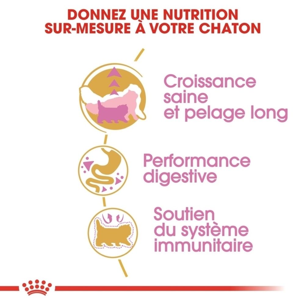 Graphique avec trois icônes : chat à poil long, système digestif, chat avec bouclier. Texte : Croissance saine, performance digestive, soutien immunitaire.