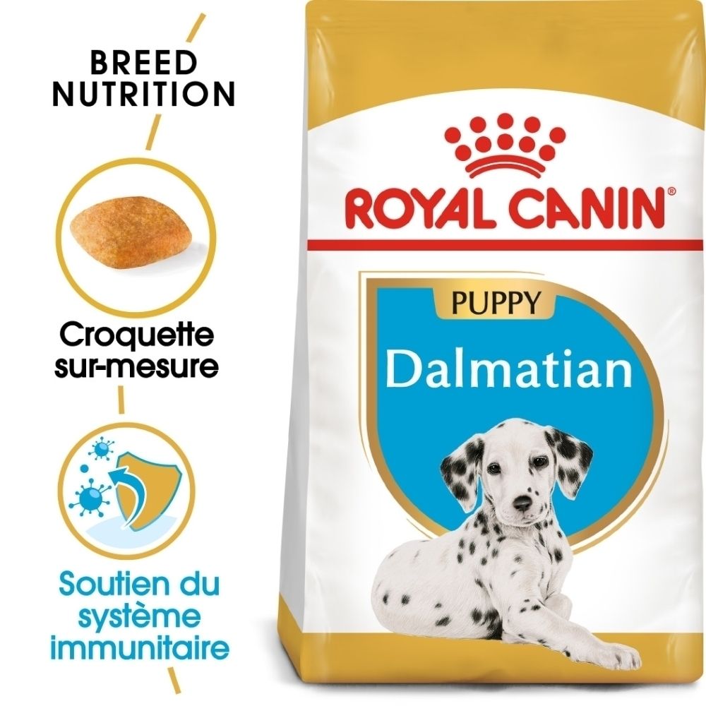 Avant d'un sac Royal Canin Dalmatien Puppy avec image d'un chiot et indications sur le soutien immunitaire.