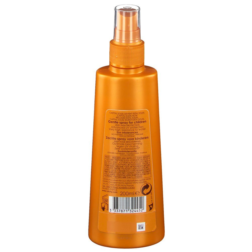 Dos d'un flacon spray orange. Informations sur le produit et code-barres imprimés. La tête de pulvérisation est transparente.