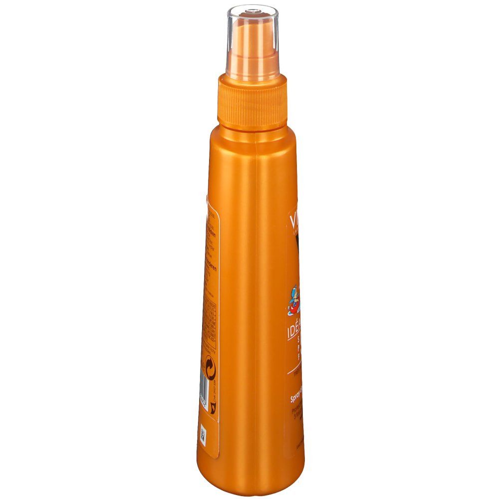 Flacon spray orange, vue latérale. La tête de pulvérisation est transparente. Des informations sur le produit sont imprimées sur le flacon.