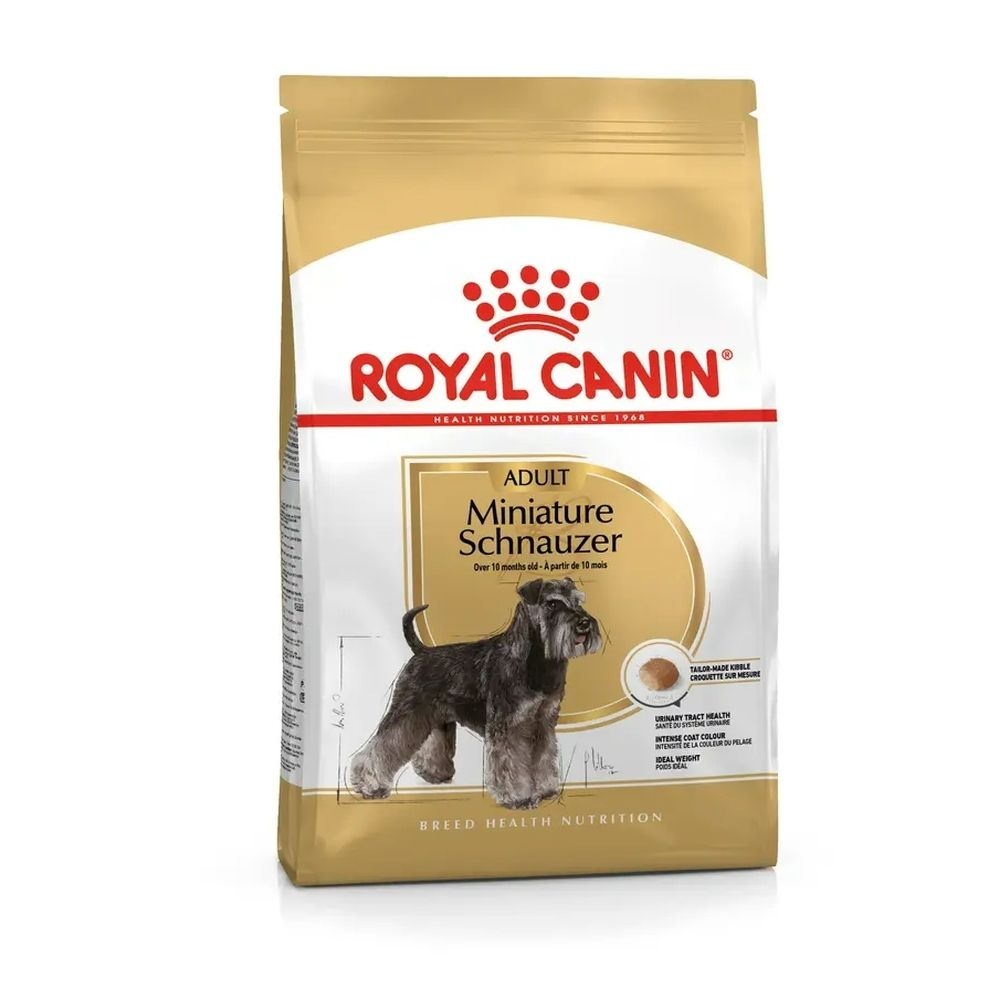 Sac de croquettes Royal Canin Miniature Schnauzer Adulte avec image d'un Schnauzer.