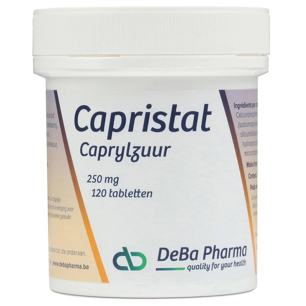 Boîte blanche avec couvercle. Inscription Capristat, 250 mg, 120 comprimés. Logo DeBa Pharma.
