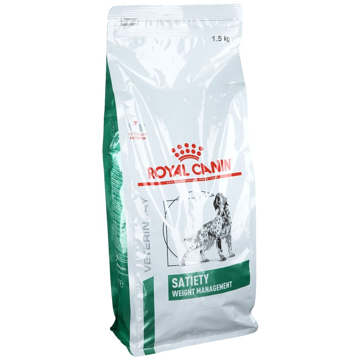 Sac blanc Royal Canin Satiety. Logo et image de chien. Inscription Satiety et Weight Management en vert.