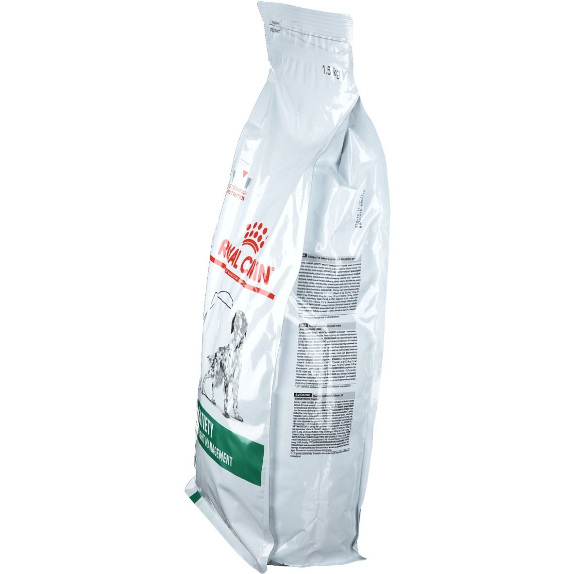Vue latérale du sac blanc. Inscription Satiety et 1,5 kg. Fond vert. Texte au dos.