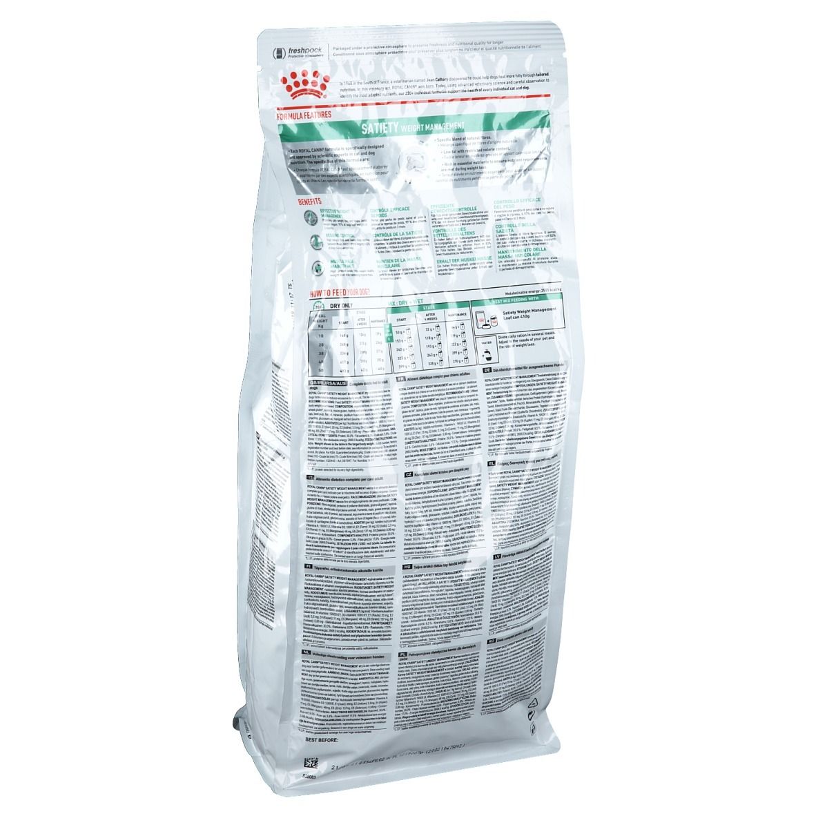 Dos du sac blanc. Texte multilingue. Recommandations d'alimentation et informations sur le produit.