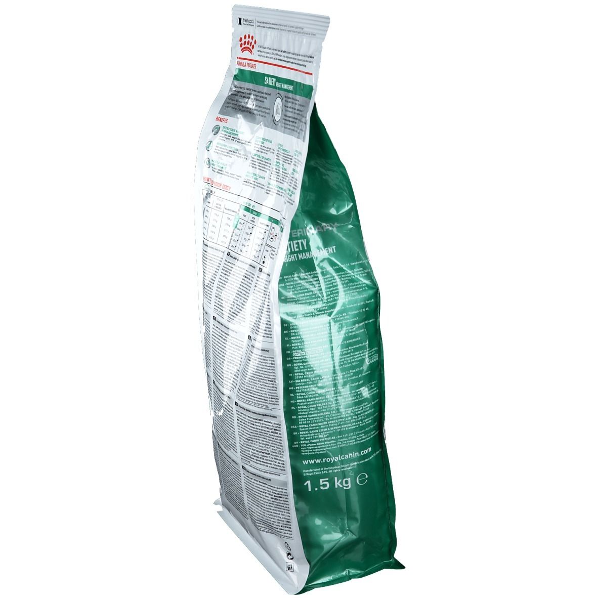 Vue latérale du sac blanc. Texte au dos. Fond vert. Informations sur le produit.