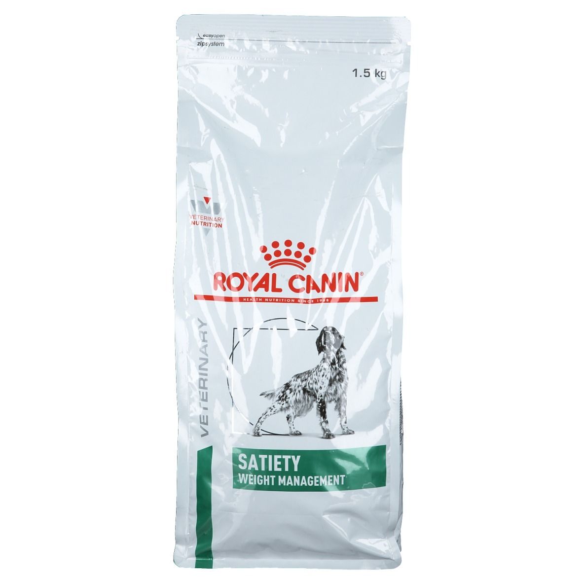 Sac blanc Royal Canin Satiety. Logo et image de chien. Inscription Satiety et Weight Management en vert.