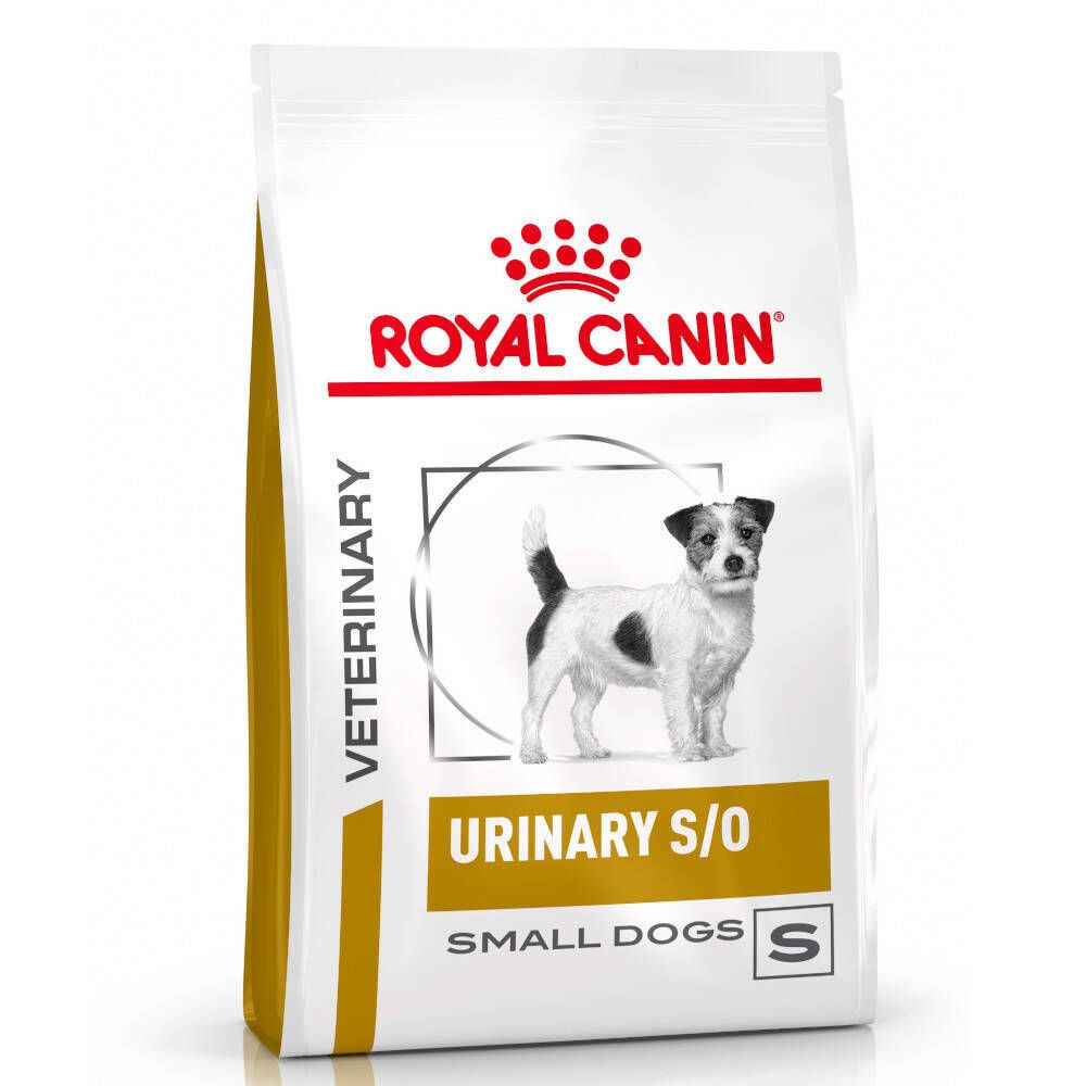 Sac Royal Canin Urinary S/O pour petits chiens. Blanc avec logo et nom du produit. Un chien est représenté.