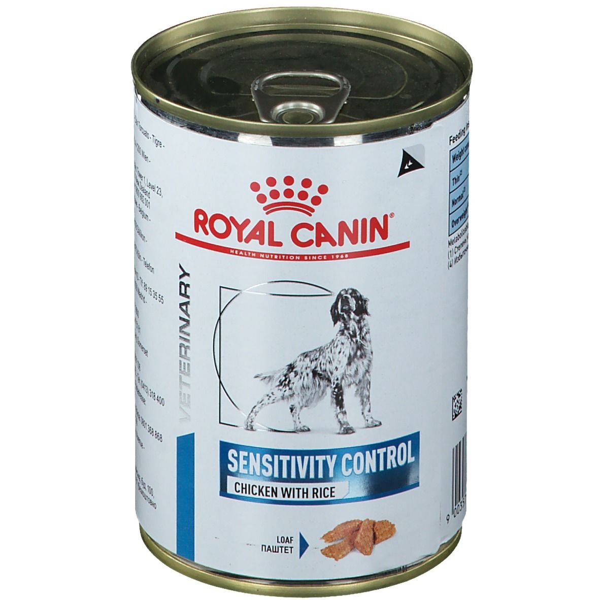 Boîte Royal Canin Sensitivity Control Poulet. Inscription : Chicken with Rice. Image d'un chien.