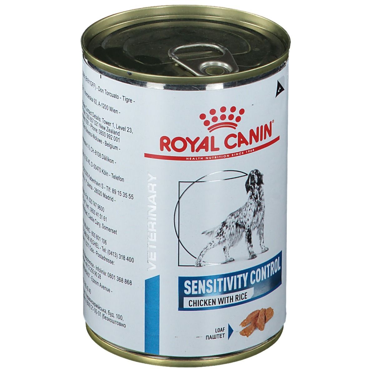 Boîte Royal Canin Sensitivity Control Poulet. Inscription : Chicken with Rice. Image d'un chien.