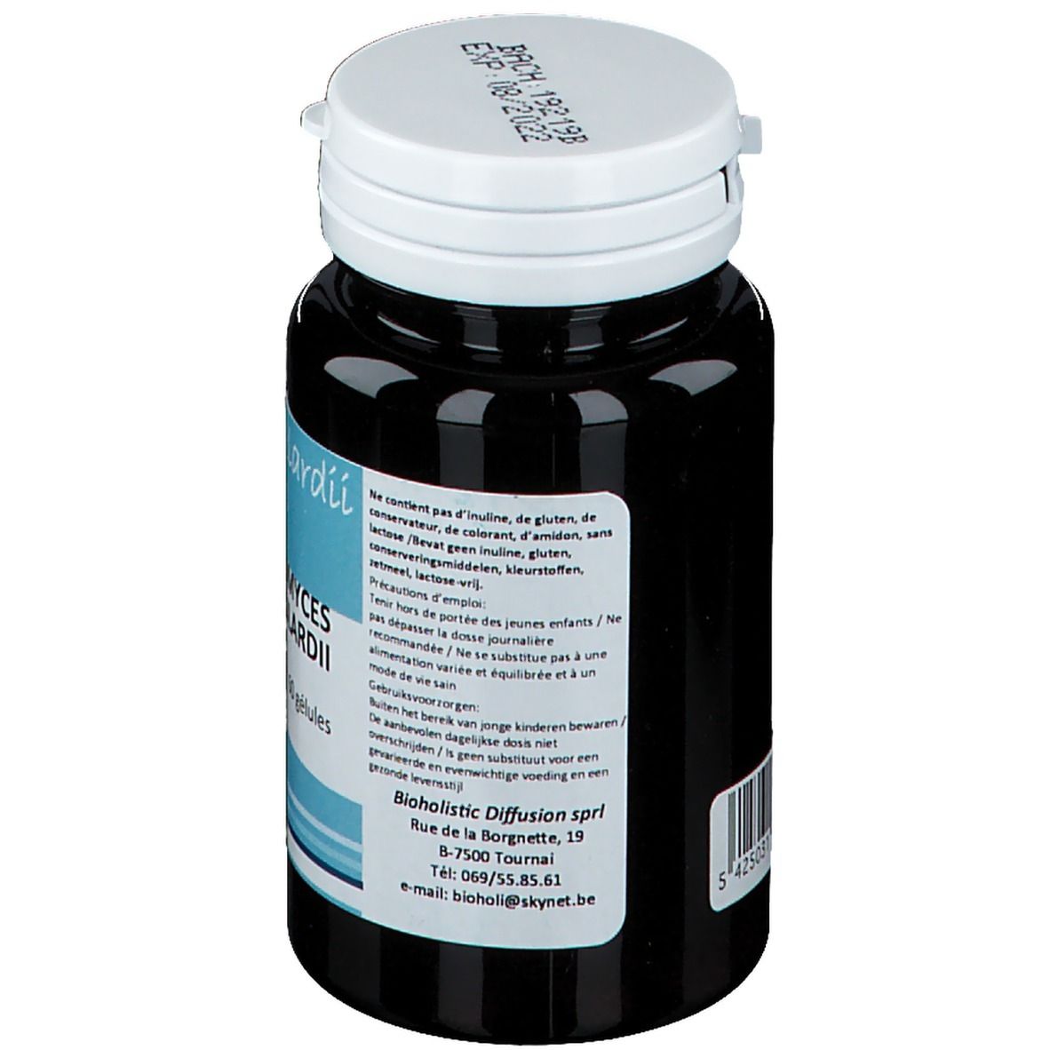 Flacon foncé avec bouchon blanc. Texte sur l'étiquette: informations sur les ingrédients, avertissements et adresse du fabricant.